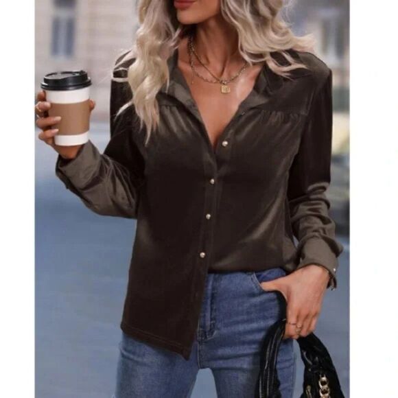 New Luxe Burgundy Velvet ButtonâDownâOversizedâShirtâTop - Picture 7 of 16